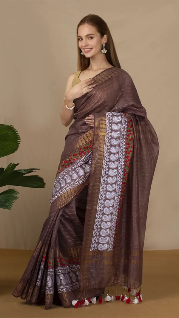 Embroidered_Bansbara_Tussar_Silk_Saree_Brown