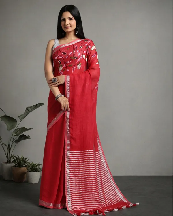 Creative_Pure_Linen_Handloom_Saree_Red_Hand_Embroidered