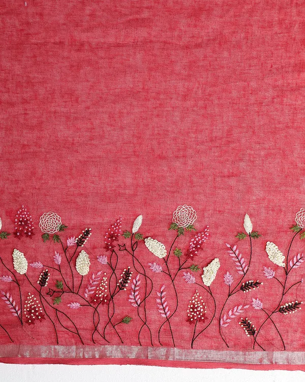Creative_Pure_Linen_Handloom_Saree_Red_Hand_Embroidered