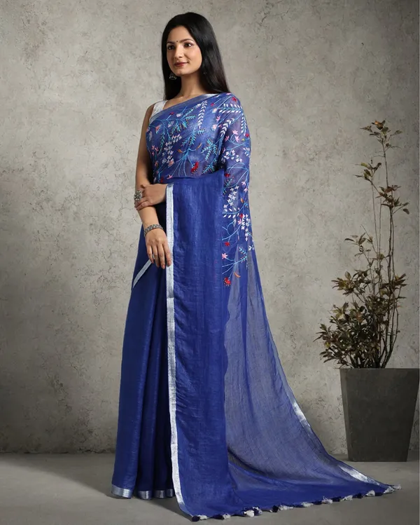 Artistic_Pure_Linen_Handloom_Saree_Blue_Hand_Embroidered