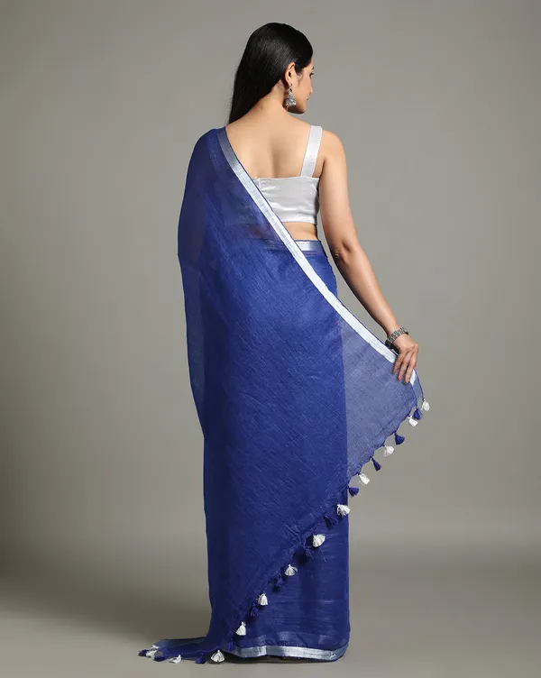 Artistic_Pure_Linen_Handloom_Saree_Blue_Hand_Embroidered