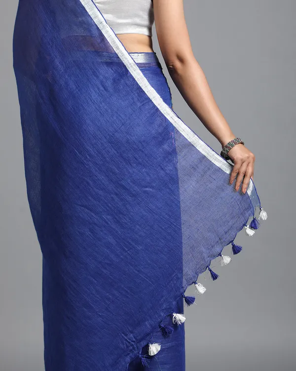 Artistic_Pure_Linen_Handloom_Saree_Blue_Hand_Embroidered