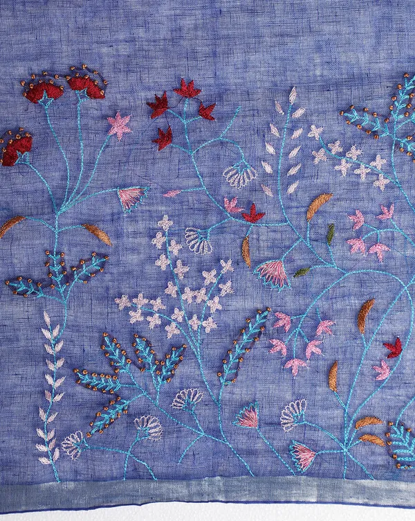 Artistic_Pure_Linen_Handloom_Saree_Blue_Hand_Embroidered