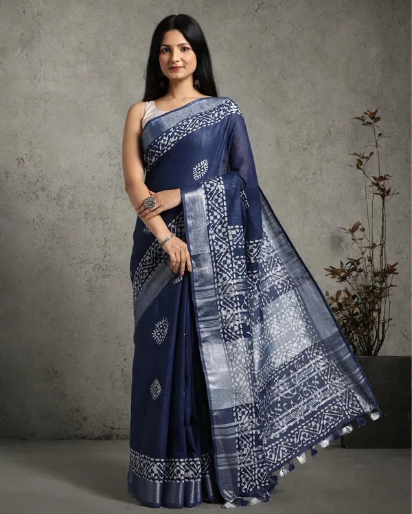 Tranquil_Slub_Linen_Wax_Batik_Hand_Dyed_Saree_Ink_Blue
