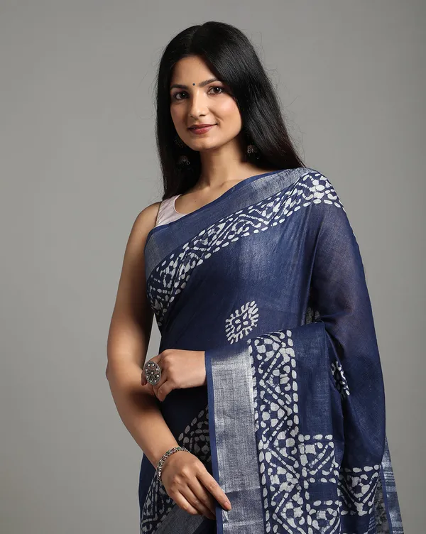 Tranquil_Slub_Linen_Wax_Batik_Hand_Dyed_Saree_Ink_Blue