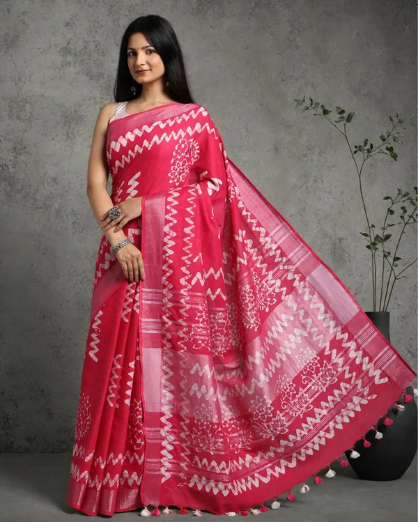 Blushing_Slub_Linen_Wax_Batik_Hand_Dyed_Saree_Pink