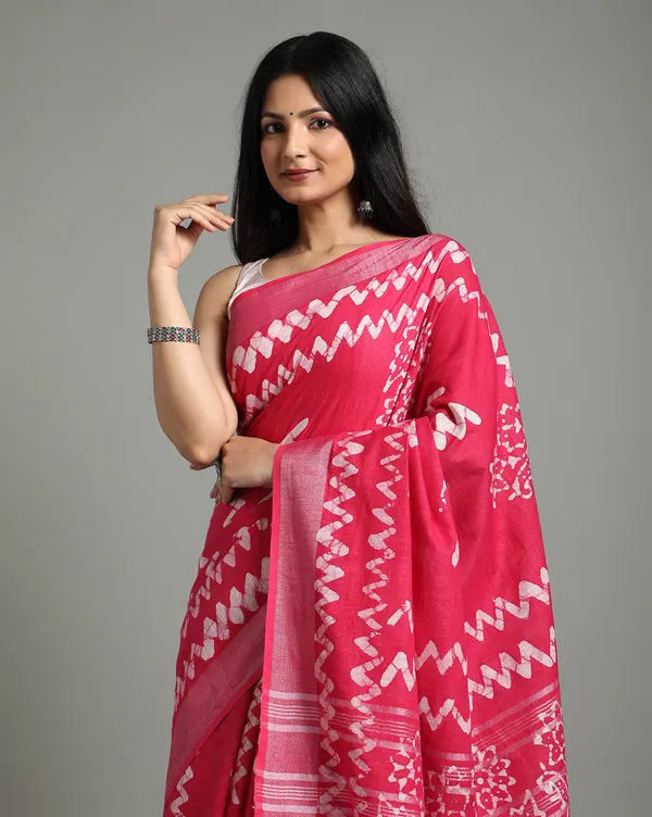Blushing_Slub_Linen_Wax_Batik_Hand_Dyed_Saree_Pink