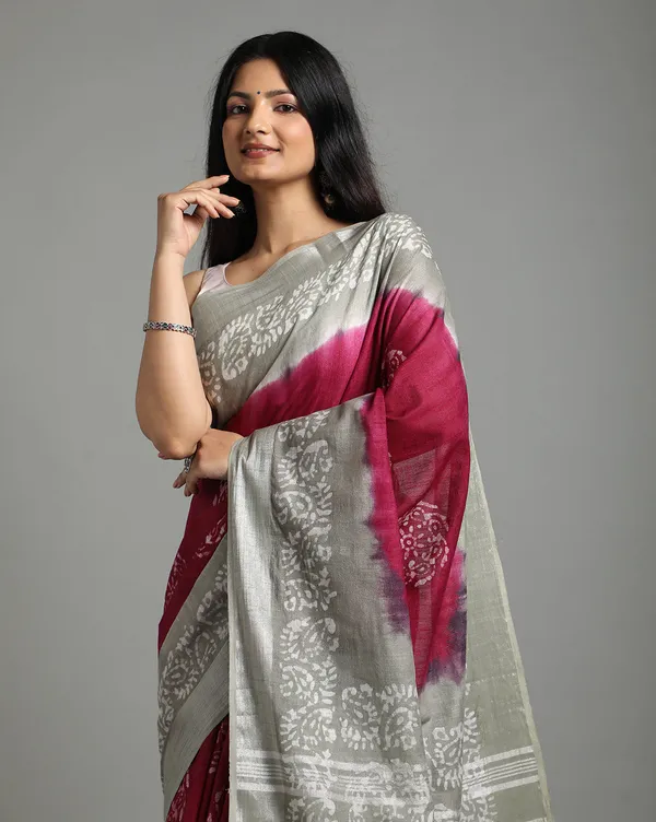 Crimson_Slub_Linen_Wax_Batik_Hand_Dyed_Saree_Red_&_Gray