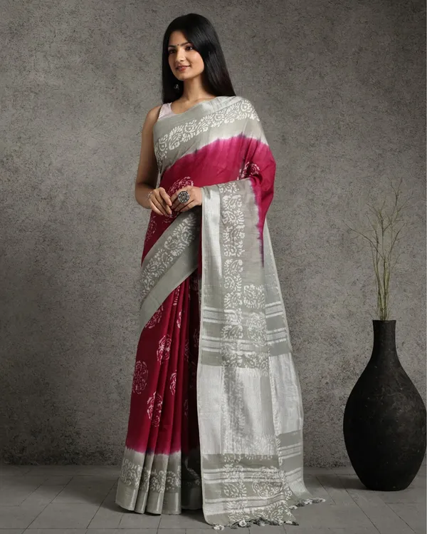 Crimson_Slub_Linen_Wax_Batik_Hand_Dyed_Saree_Red_&_Gray