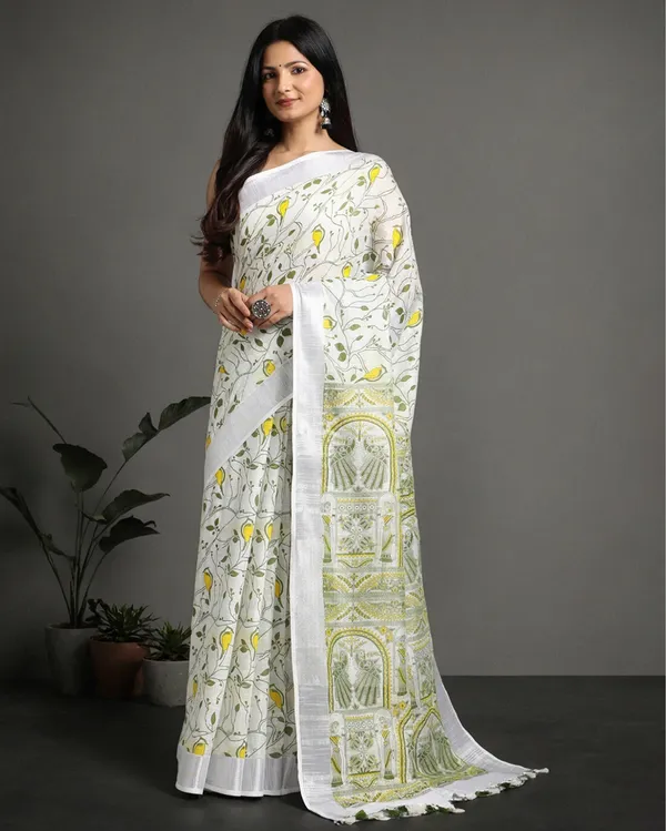 Fresh_Slub_Linen_Wax_Batik_Hand_Dyed_Saree_White_&_Green