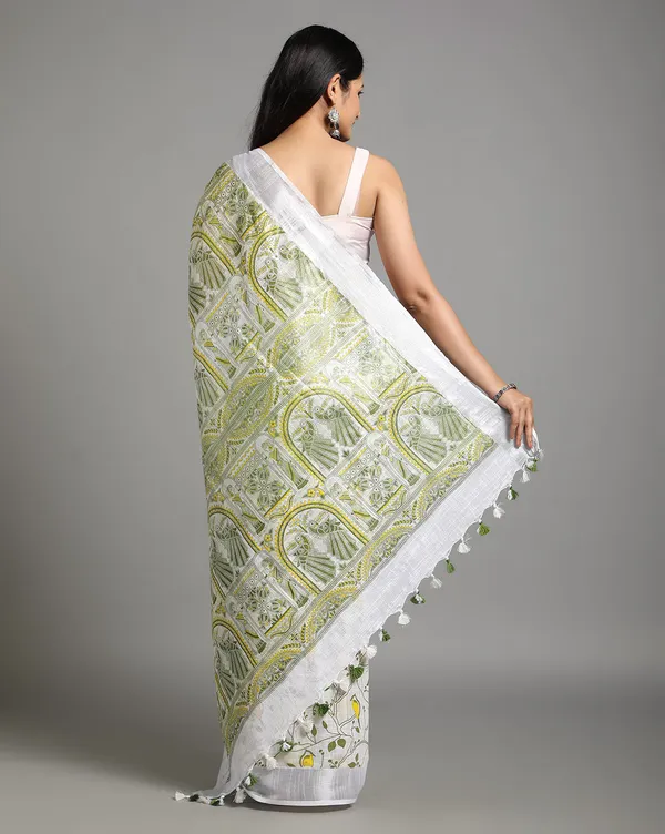 Fresh_Slub_Linen_Wax_Batik_Hand_Dyed_Saree_White_&_Green