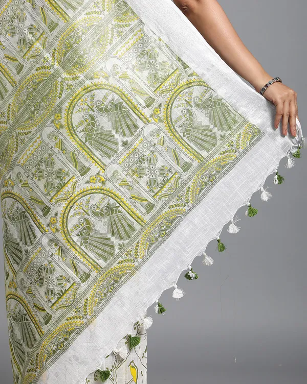Fresh_Slub_Linen_Wax_Batik_Hand_Dyed_Saree_White_&_Green