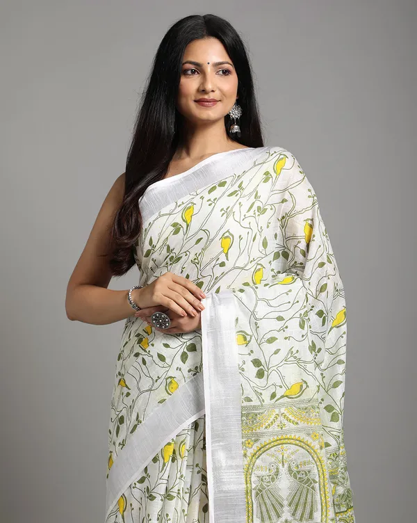 Fresh_Slub_Linen_Wax_Batik_Hand_Dyed_Saree_White_&_Green
