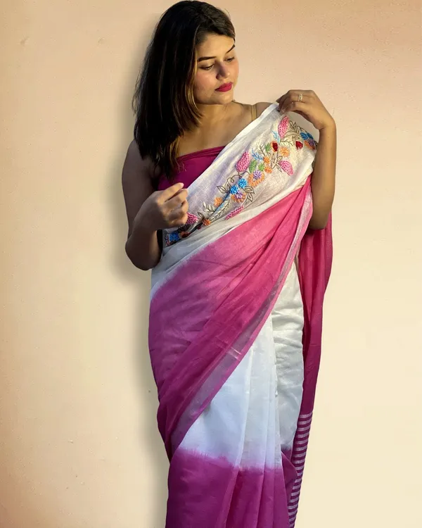 Elegant_Pure_Linen_Saree_Hand_Embroidered_White_&_Pink