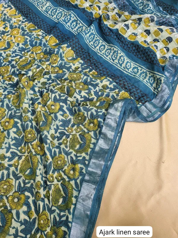 Ajrakh_Printed_Beige_&_Blue_Pure_Linen_Saree