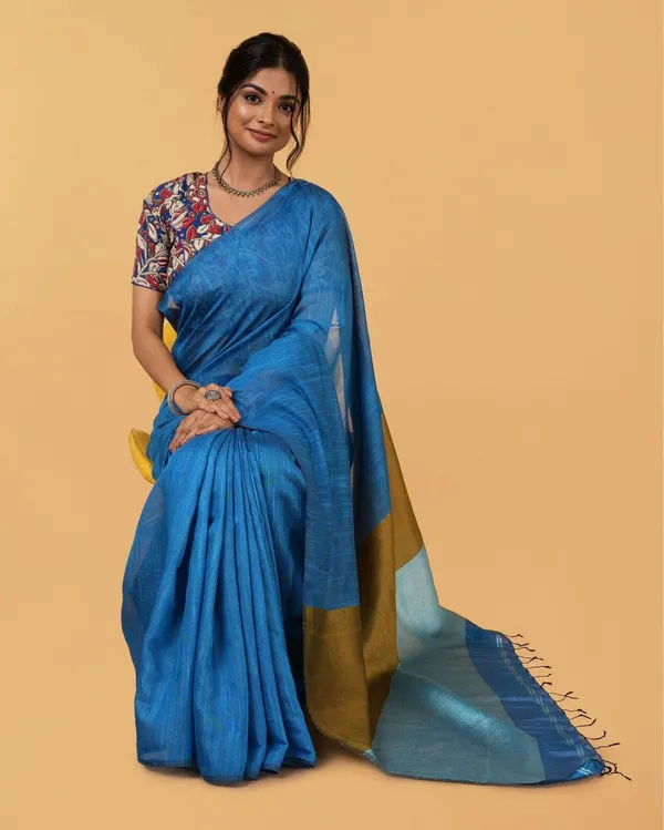 Volant_Silk_Linen_Handdyed_Blue_Contrast_Pallu_Saree