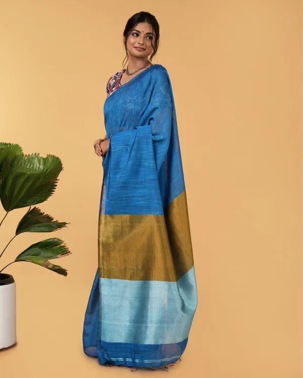 Volant_Silk_Linen_Handdyed_Blue_Contrast_Pallu_Saree
