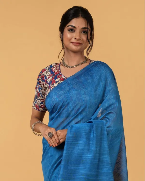 Volant_Silk_Linen_Handdyed_Blue_Contrast_Pallu_Saree