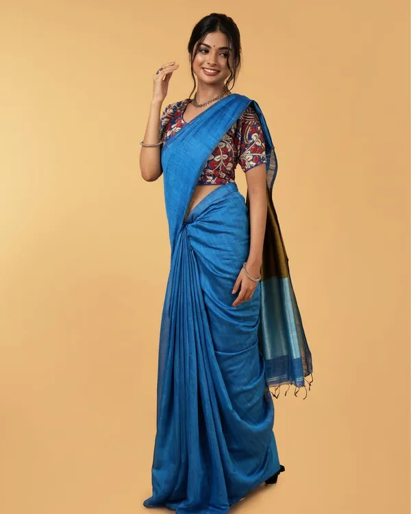 Volant_Silk_Linen_Handdyed_Blue_Contrast_Pallu_Saree