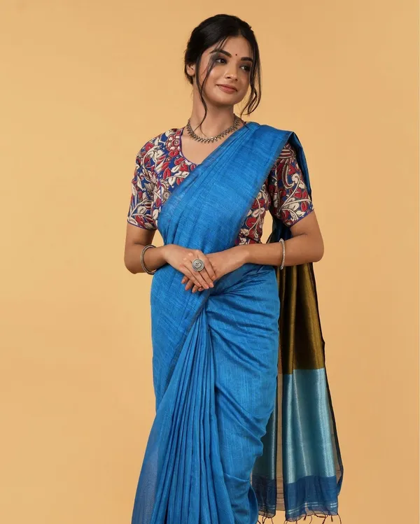 Volant_Silk_Linen_Handdyed_Blue_Contrast_Pallu_Saree