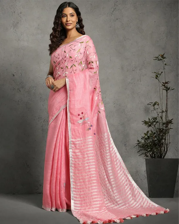 Color-Rich_Pure_Linen_Handloom_Saree_Pink_Embroidered