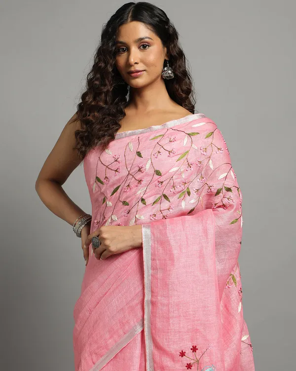 Color-Rich_Pure_Linen_Handloom_Saree_Pink_Embroidered