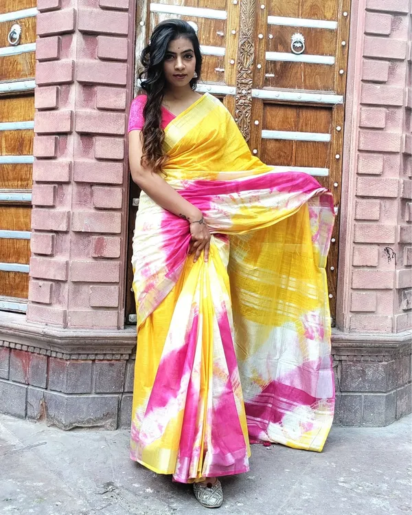 Sunny_Slub_Linen_Saree_Yellow_&_Pink_Shibori_Hand_Dyed