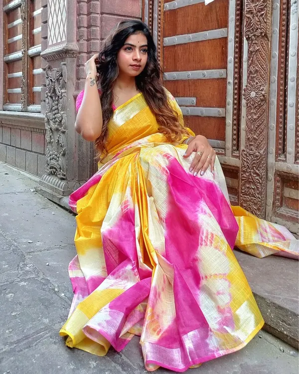 Sunny_Slub_Linen_Saree_Yellow_&_Pink_Shibori_Hand_Dyed