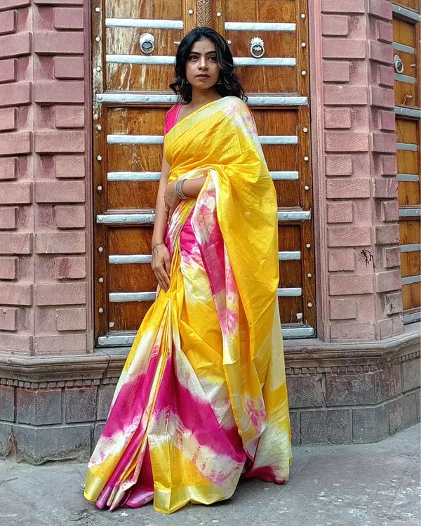 Sunny_Slub_Linen_Saree_Yellow_&_Pink_Shibori_Hand_Dyed