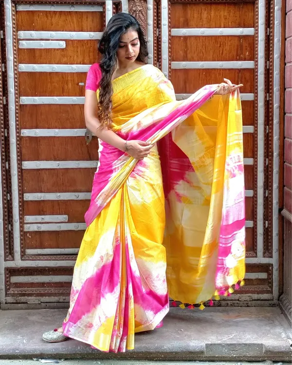 Sunny_Slub_Linen_Saree_Yellow_&_Pink_Shibori_Hand_Dyed