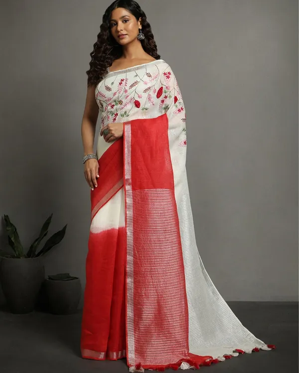 Serene_Pure_Linen_Handloom_Saree_White_&_Red_Embroidered