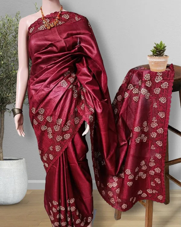 Silkmark_Certified_Idyllic_Pure_Tussar_Cutwork_Red_Saree