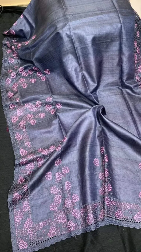 Silkmark_Certified_Bold_Pure_Tussar_Cutwork_Blue_Saree