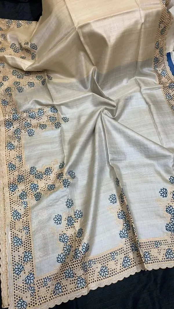 Silkmark_Certified_Idyllic_Pure_Tussar_Cutwork_Beige_Saree