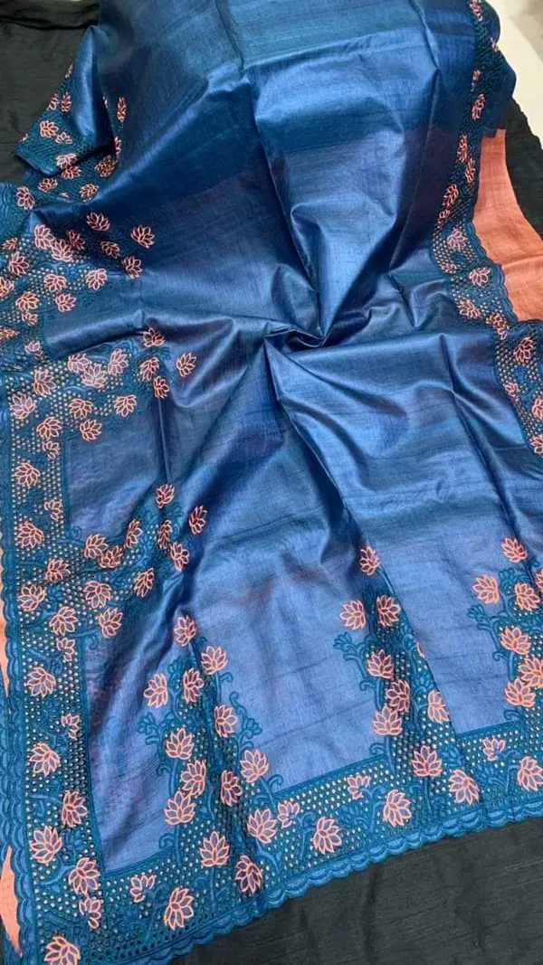 Silkmark_Certified_Glossy_Pure_Tussar_Cutwork_Blue_Saree