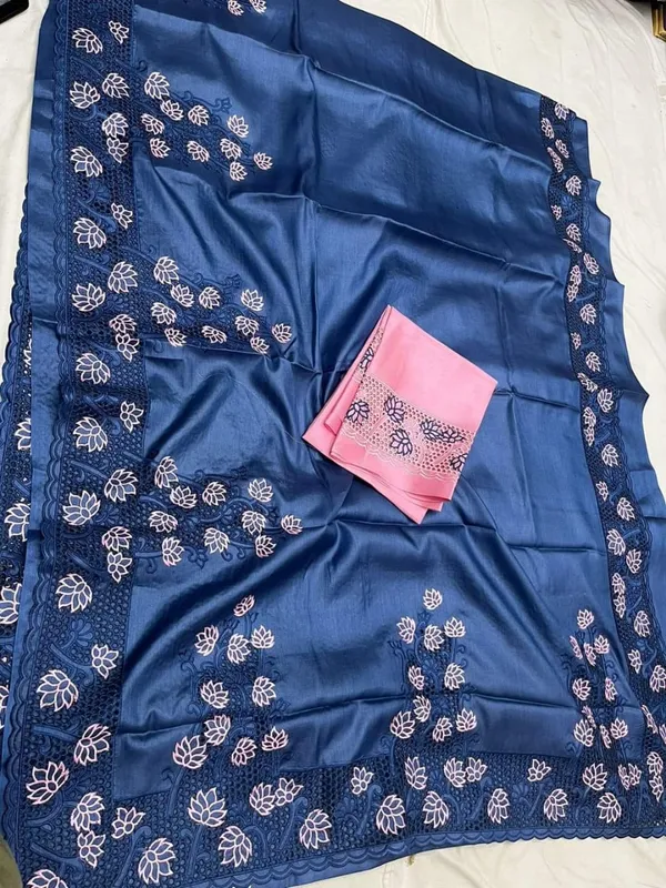 Silkmark_Certified_Beaming_Pure_Tussar_Cutwork_Blue_Saree