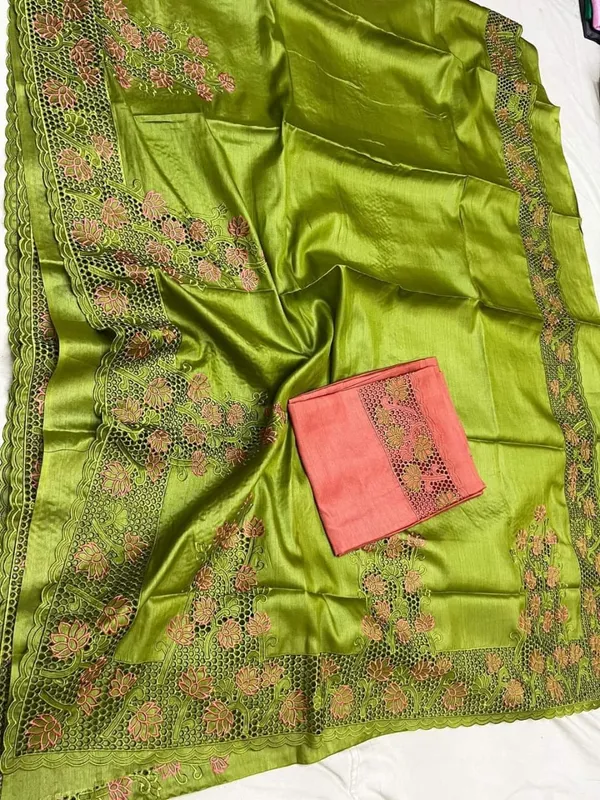 Silkmark_Certified_Poised_Pure_Tussar_Cutwork_Green_Saree