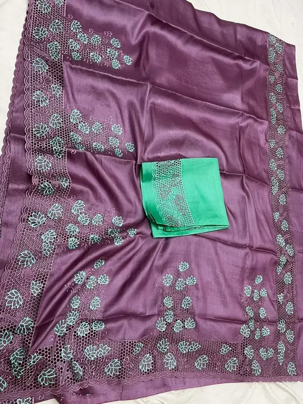 Silkmark_Certified_Glossy_Pure_Tussar_Cutwork_Violet_Saree