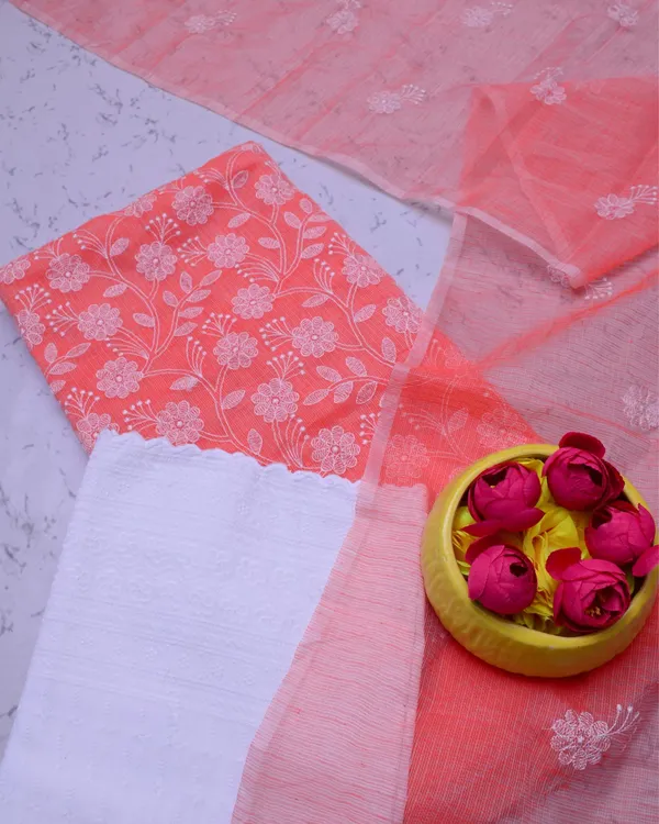 Embroidered_Colorful_Kota_Doria_Suit_Peach_(Top+Bottom+Dupatta)