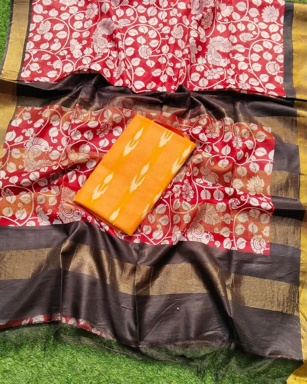 Tranquil_Madhubani_Kota_Silk_Red_Saree_Contrast_Blouse
