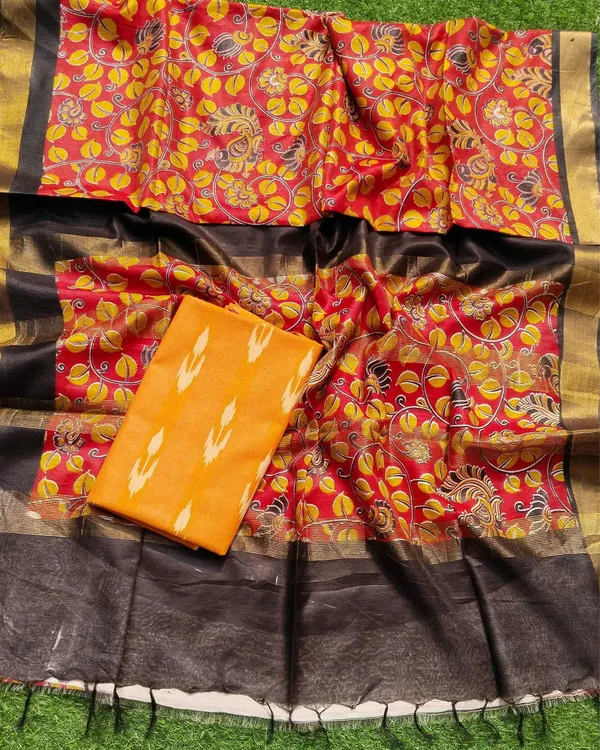 Unique_Madhubani_Kota_Silk_Red_Saree_Contrast_Blouse