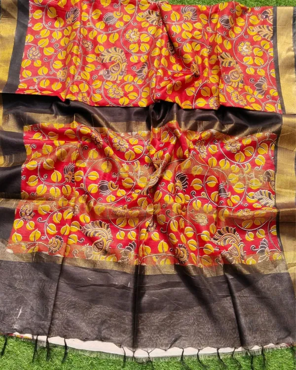 Unique_Madhubani_Kota_Silk_Red_Saree_Contrast_Blouse