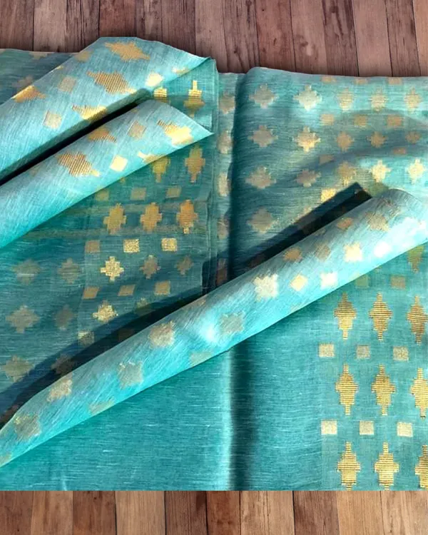 Blushing_Banarasi_Pure_Silk_Linen_Saree_Turquoise
