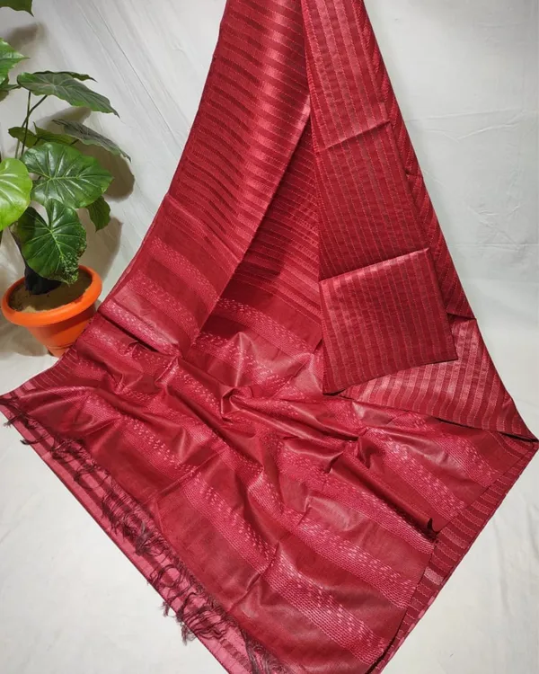 Striped_Bansbara_Tussar_Silk_Handloom_Saree_Burgundy