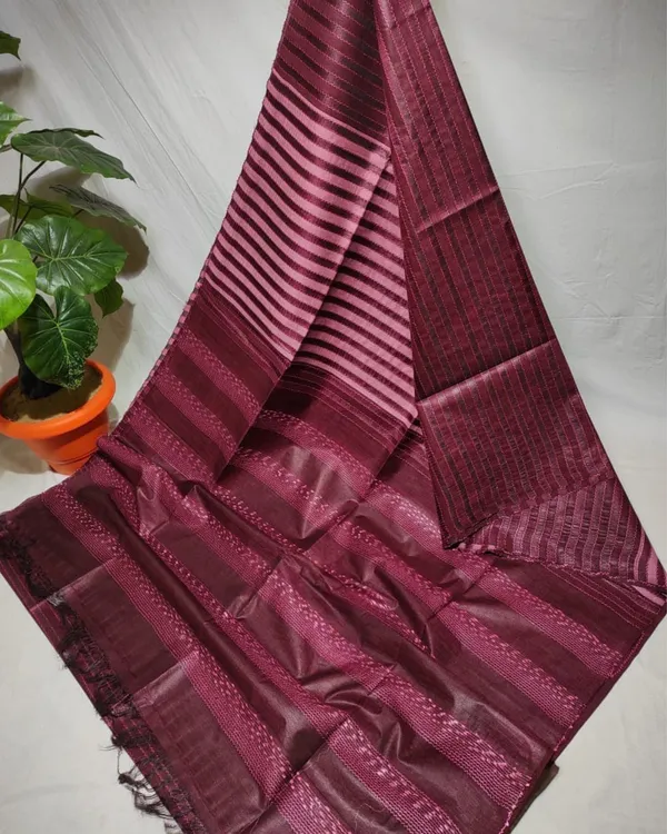 Striped_Bansbara_Tussar_Silk_Handloom_Saree_Maroon