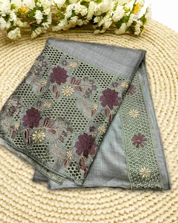 Silkmark_Pure_Tussar_Embroidery_&_Cutwork_Slate_Gray_Saree