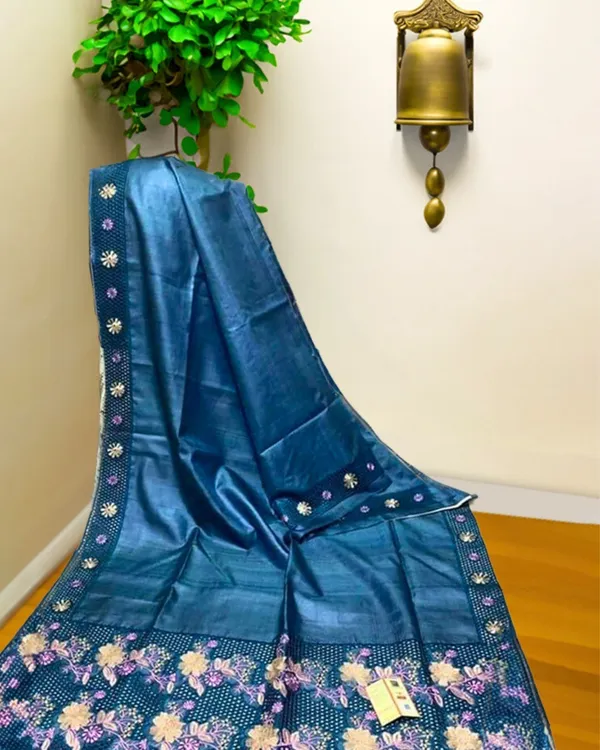 Silkmark_Pure_Tussar_Embroidery_&_Cutwork_Blue_Saree