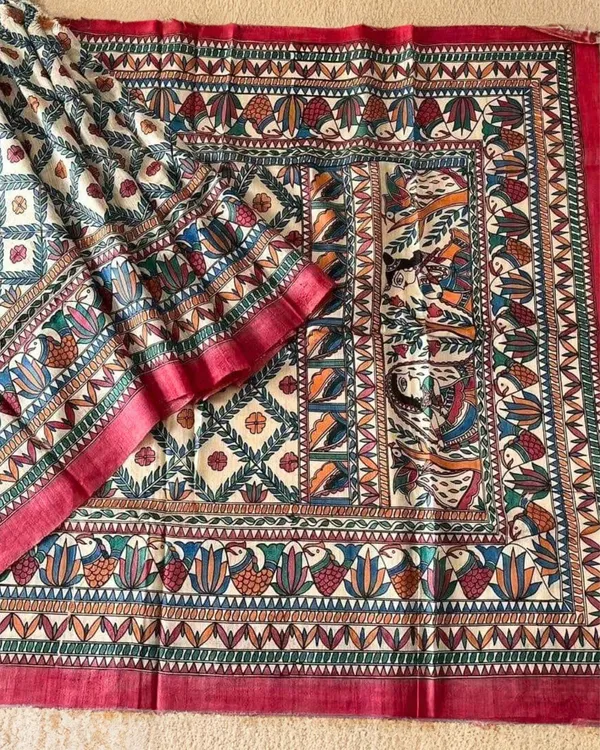 Silkmark_Tussar_Dynamic_Madhubani_Handpainted_Peach_Saree