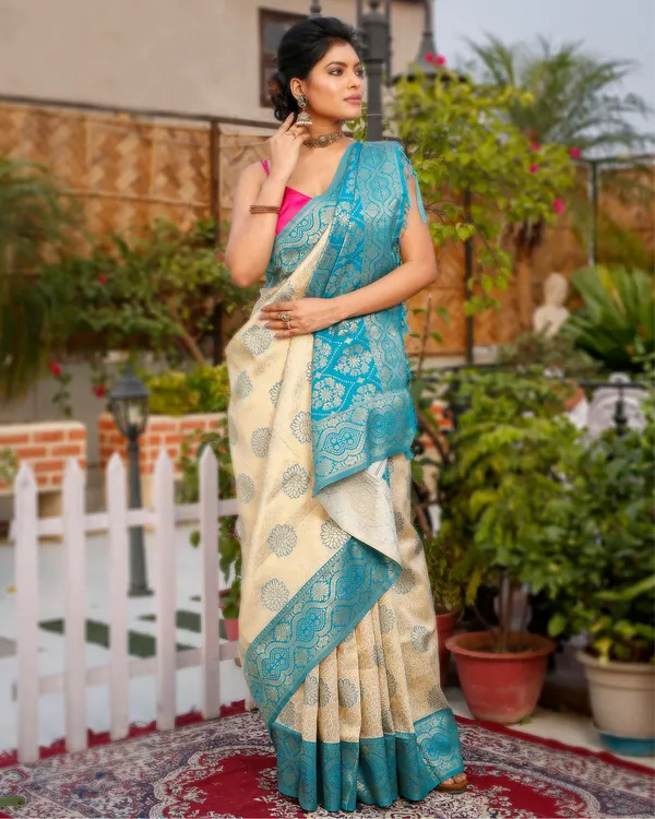 Vibrant_Banarasi_Kashmiri_Modal_Silk_Saree_Cream_&_Blue