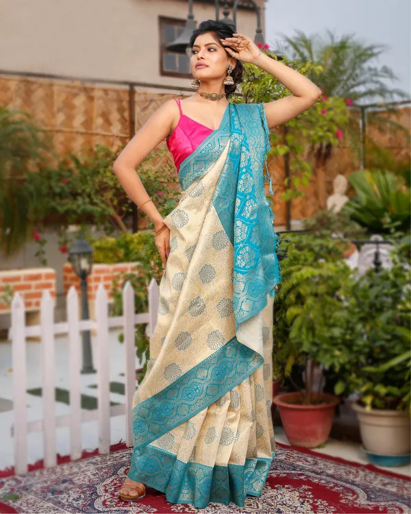 Vibrant_Banarasi_Kashmiri_Modal_Silk_Saree_Cream_&_Blue